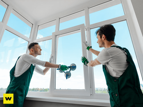 Zwei Handwerker montieren ein modernes Fenster im hellen Raum für professionelle Fenstermontage.