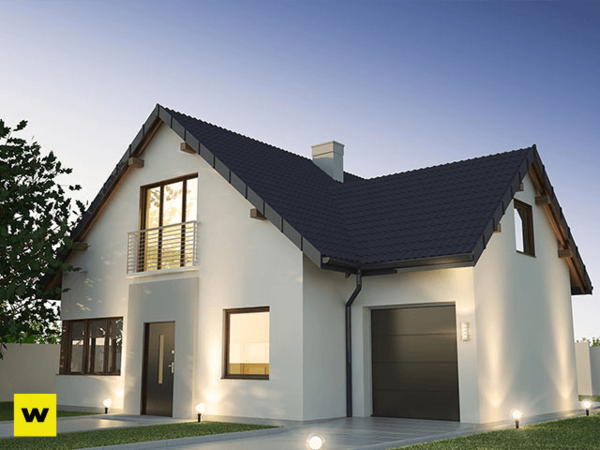 Modernes Einfamilienhaus mit Garage und Garten bei Sonnenuntergang, Immobilie kaufen